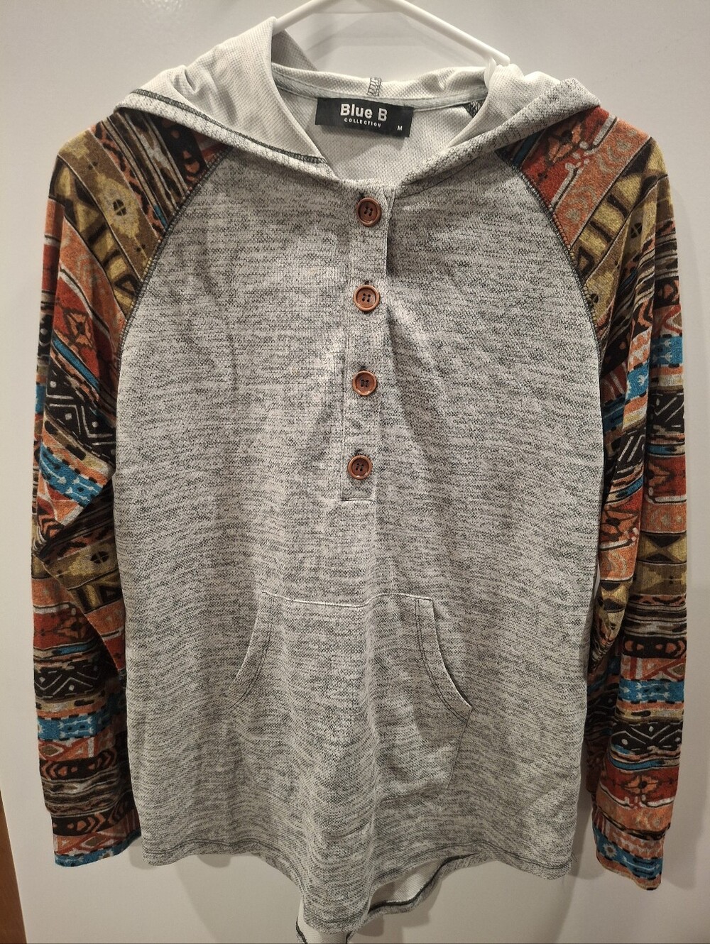Blue B Lightweight Gray Henley Hoodie with Patterned Sleeves